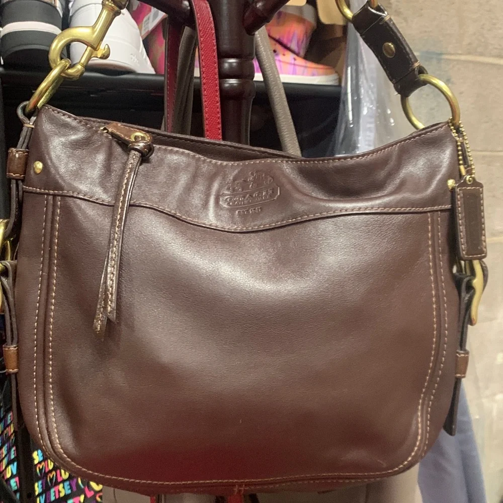Coach Chocolate Brown Leather Shoulder Bag with Brass Hardware